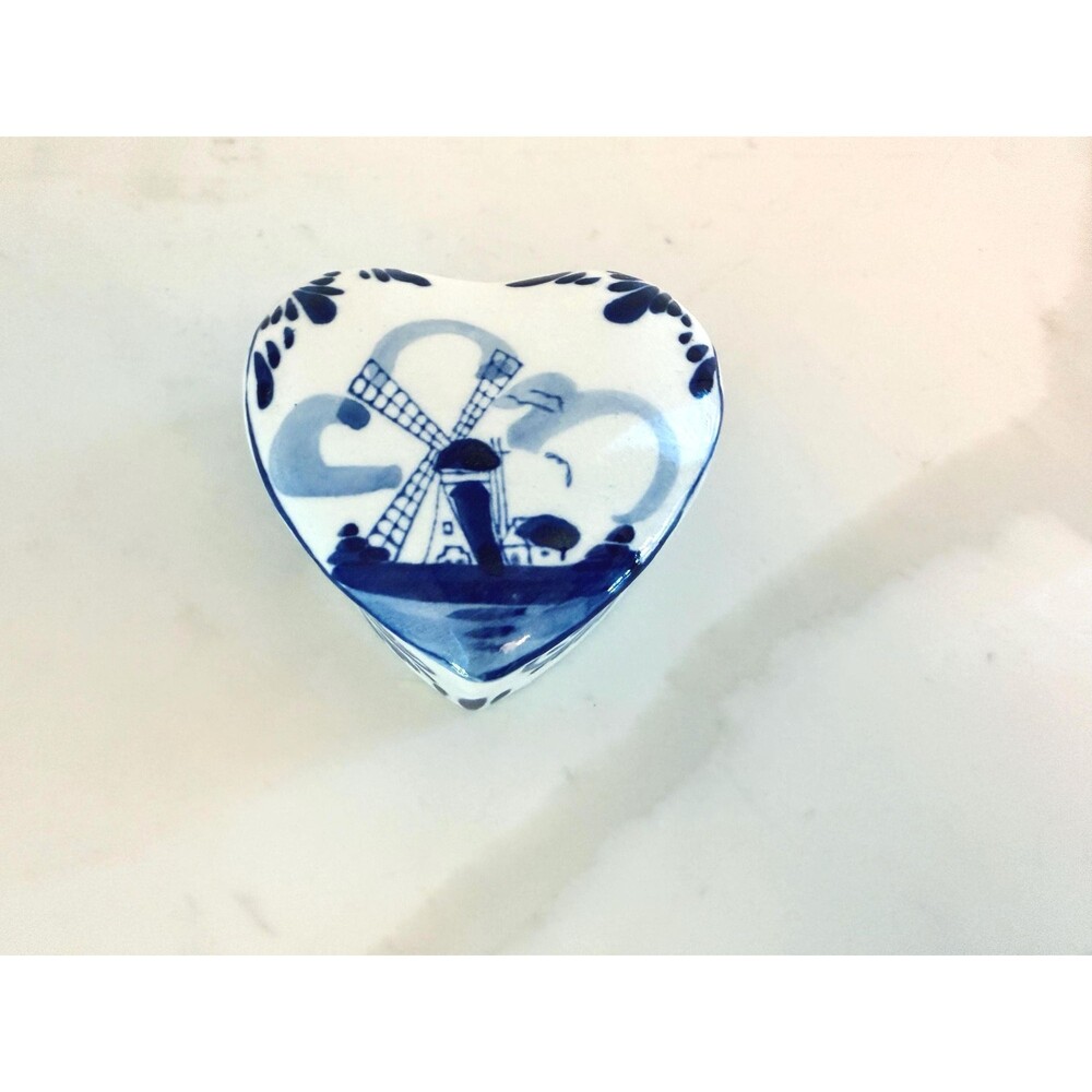 Vintage Small Heart Trinket Box with Lid Delftware Stamped Blue Delft Holland